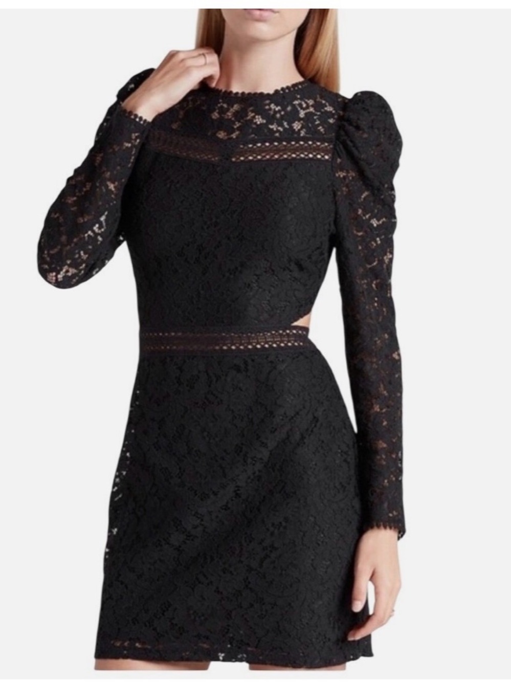 Express Black Lace Long-Sleeve Puff Dress with Waist Cutouts